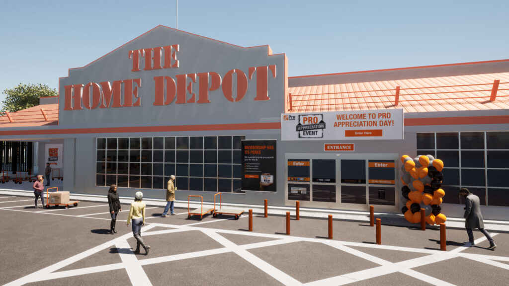 Front of a Home depot store with people walking by