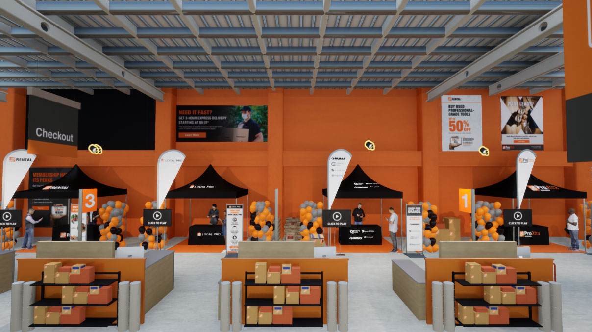 an orange room with vendor booths set up