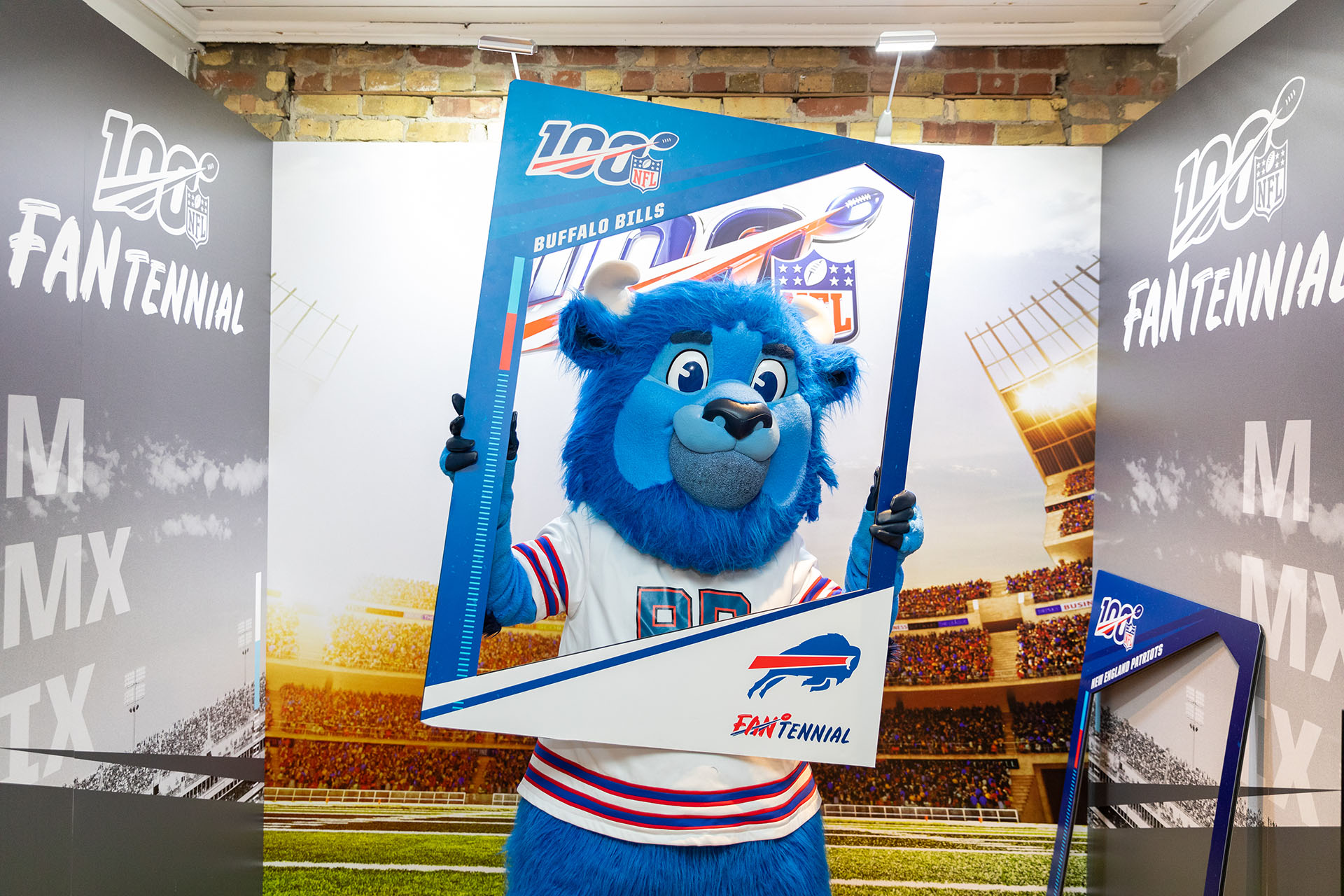 Buffalo Bills mascot posing in a photobooth