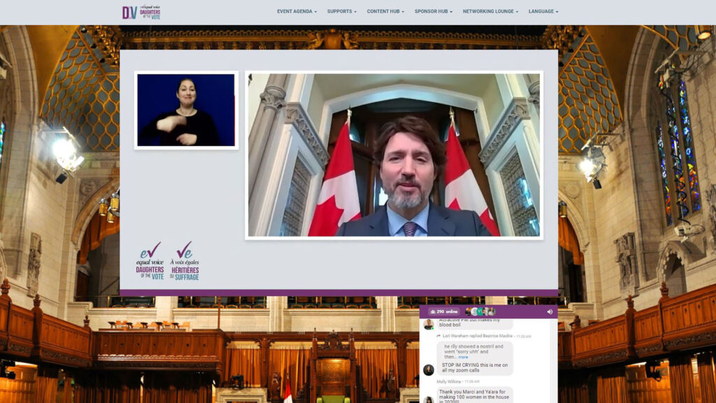 Justin Trudeau and a sign language interpreter communicating virtually