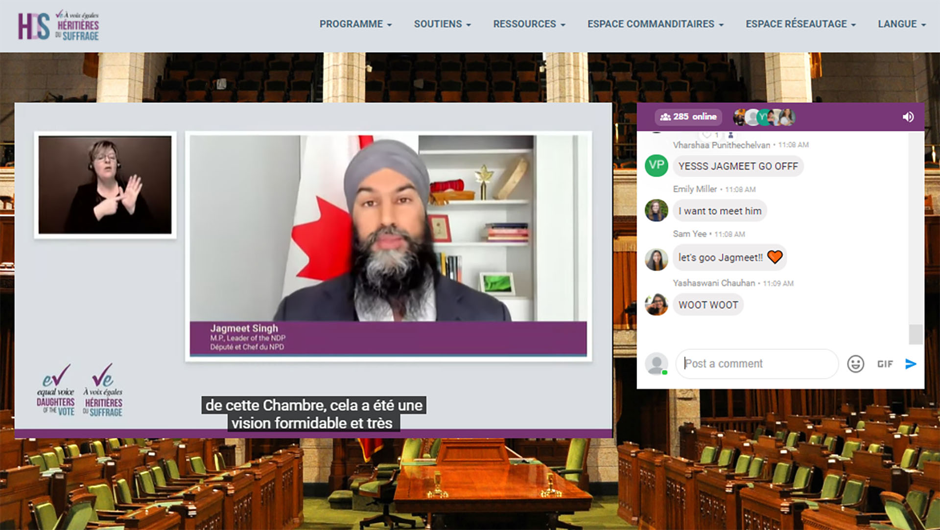 Jagmeet Singh and sign language interpreter communicating virtually.